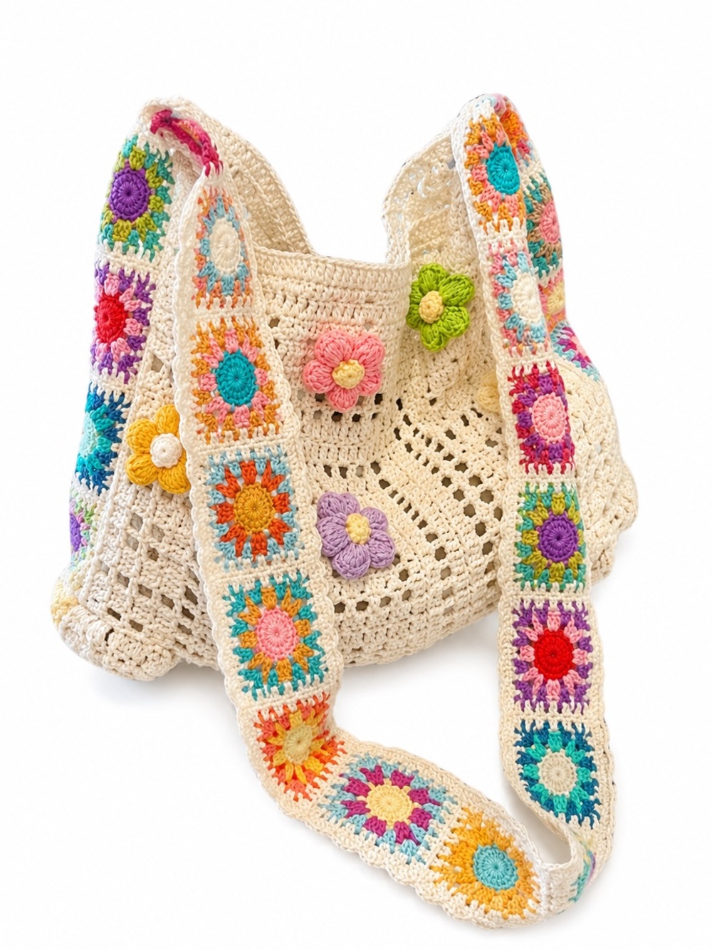 BOHO CROCHETED FLORAL CROSSBODY WITH FLOWER APPLIQUÉS-NEW